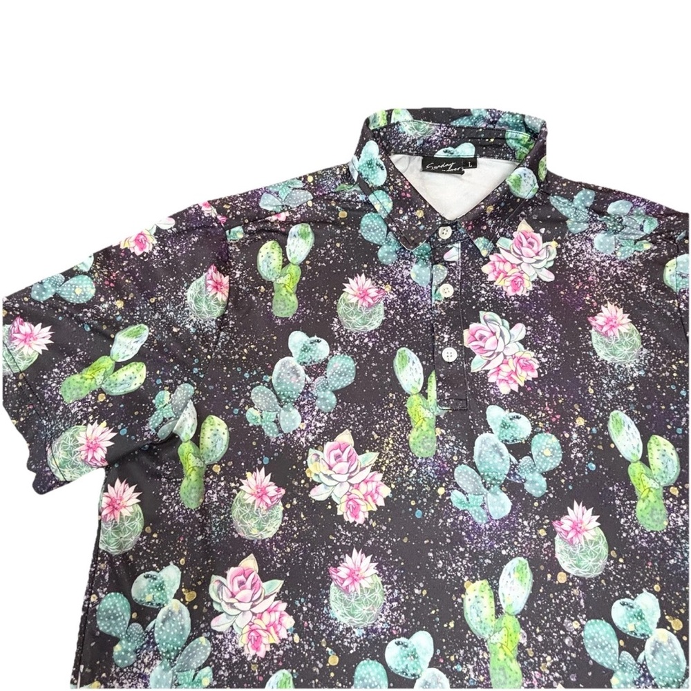 Sunday Swagger Polo Shirt Men’s Large Black Cactus Flower Print‎